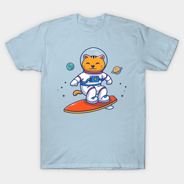 Cute Cat Astronaut Surfing In Space Cartoon T-Shirt by Catalyst Labs